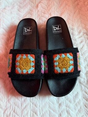 Dirty Laundry Black Crochet Slide Sandals with Multicolor Squares